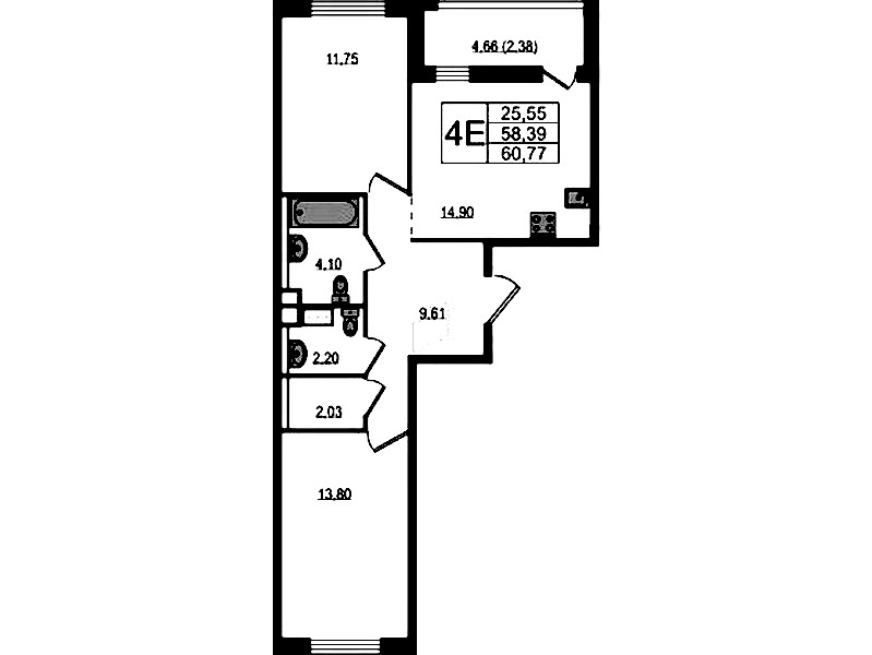 2-комнатная квартира 60.77 м², 3/15 эт., ЖК «Южная Нева»
